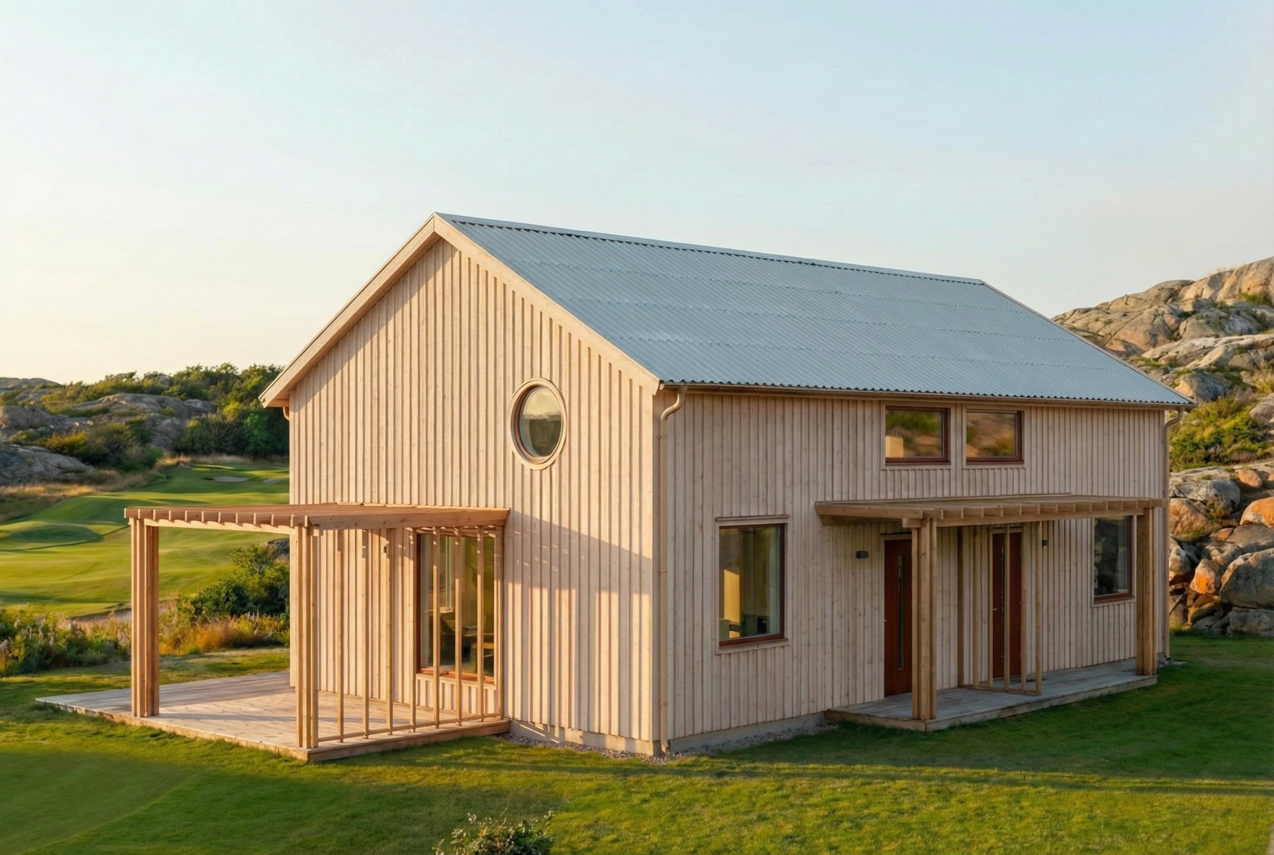 Renderat fotografi från sidan av bostaden. Material och arkitektur inspirerat av skandinavisk modernitet och bohuslänk tradition.