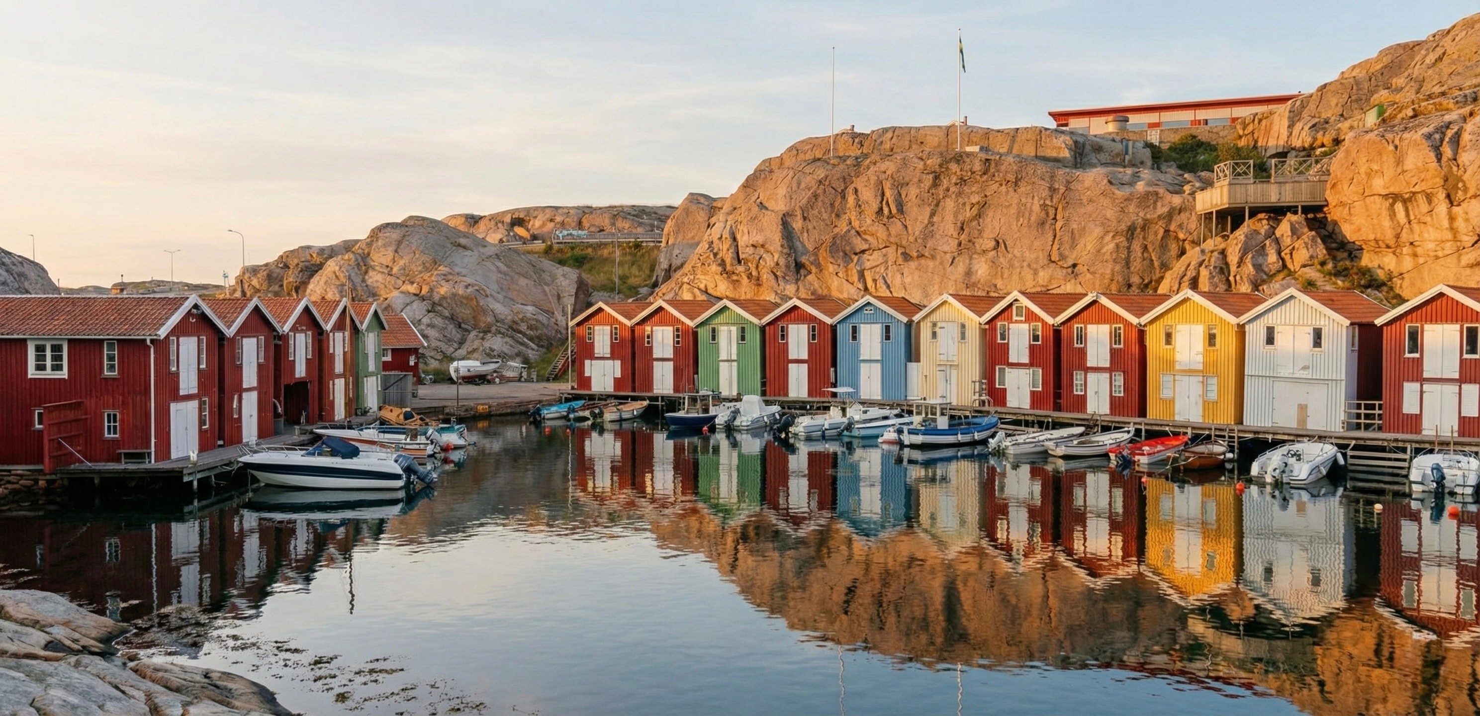 Fotografi av Smögens kust. Båtar och små fiskebodar.