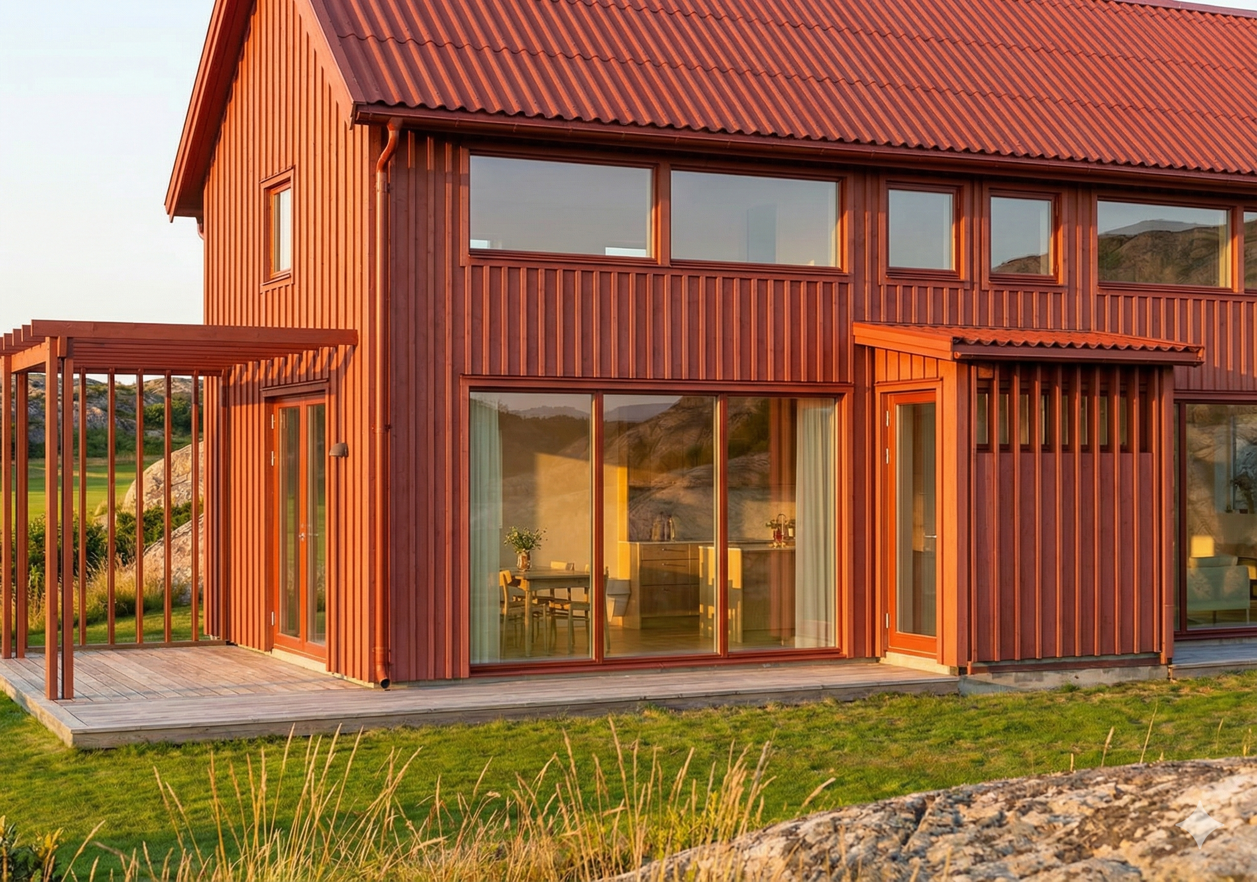 Renderat fotografi av bostaden. Illustrerar de stora glaspartierna och bostadens röda färgval.