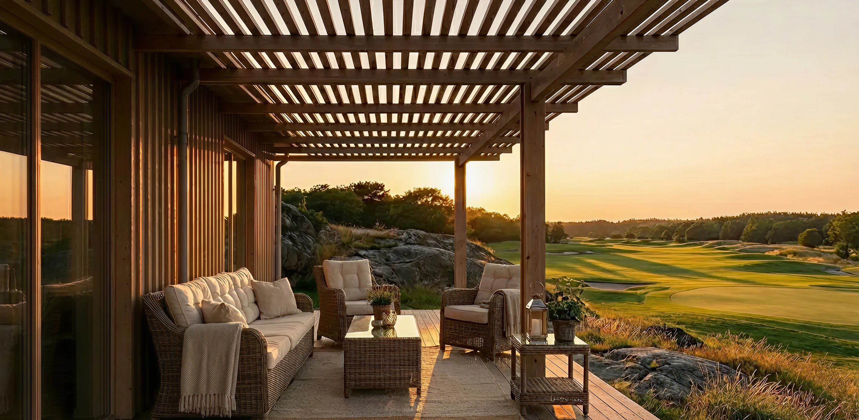 Renderat fotografi på botadens terass i skymningsljus.